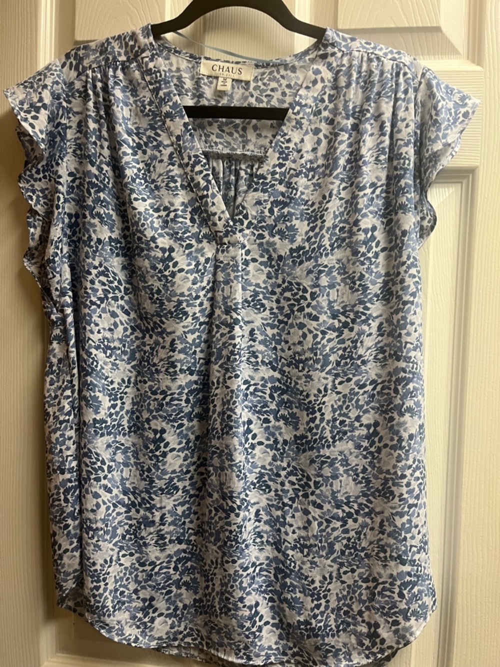 Chaus Blue and White Floral Cap-Sleeve V-Neck Blouse